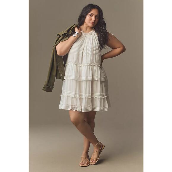 Anthropologie NWT Let Me Be White Halter Tie Neck Tiered Mini Dress Size Large
